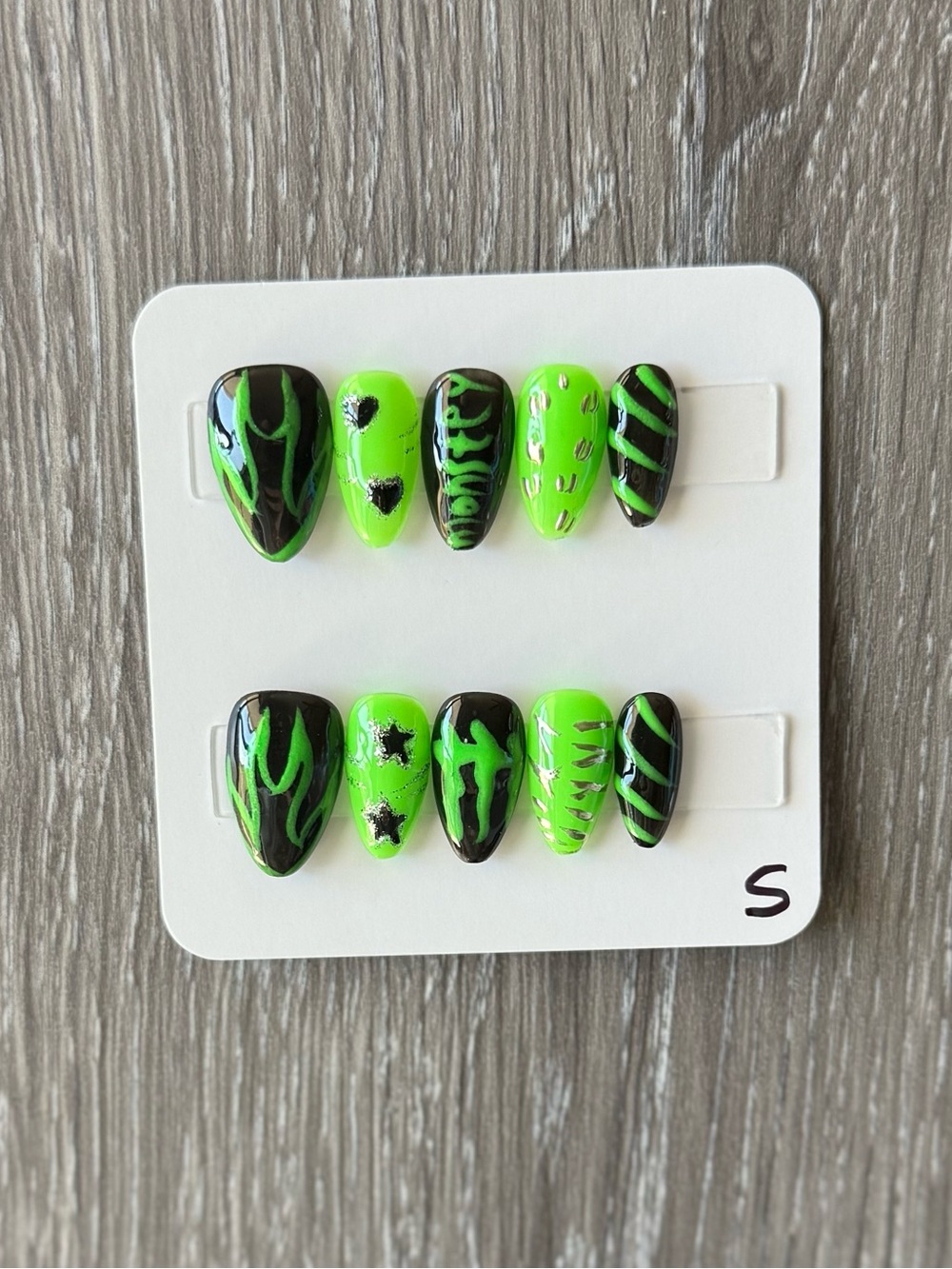 Neon Green & Black Graphic Press-On Nail Set – Bold Flame & Star Designs